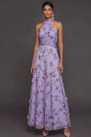 Lilac Floral A Line Halter Neck Appliqued Long Formal Dress