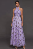 Lilac Floral A Line Halter Neck Appliqued Long Formal Dress