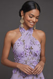 Lilac Floral A Line Halter Neck Appliqued Long Formal Dress