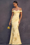 Light Yellow Mermaid Floral Appliqued Off the Shoulder Long Wedding Guest Dress