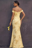 Light Yellow Mermaid Floral Appliqued Off the Shoulder Long Wedding Guest Dress