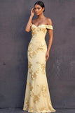 Light Yellow Mermaid Floral Appliqued Off the Shoulder Long Wedding Guest Dress