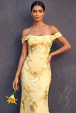 Light Yellow Mermaid Floral Appliqued Off the Shoulder Long Wedding Guest Dress
