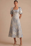 Dusty Blue Jacquard Floral A Line Square Neck Midi Wedding Guest Dress