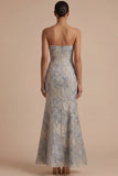Dusty Blue Jacquard Floral Mermaid Sweetheart Long Formal Dress