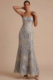 Dusty Blue Jacquard Floral Mermaid Sweetheart Long Formal Dress