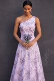 White Floral A Line One Shoulder Appliqued Long Engagement Dress