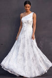 White Floral A Line One Shoulder Appliqued Long Engagement Dress