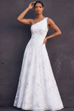 White Floral A Line One Shoulder Appliqued Long Engagement Dress