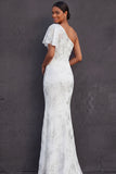 White Floral One Shoulder Appliqued Mermaid Long Wedding Reception Dress
