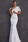 White Floral One Shoulder Appliqued Mermaid Long Wedding Reception Dress
