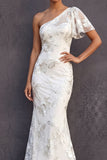 White Floral One Shoulder Appliqued Mermaid Long Wedding Reception Dress