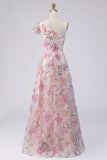 Pink Sparkly Sequined A Line One Shoulder Floral Long Wedding Guest Dress