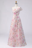 Pink Sparkly Sequined A Line One Shoulder Floral Long Wedding Guest Dress