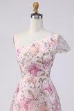 Pink Sparkly Sequined A Line One Shoulder Floral Long Wedding Guest Dress