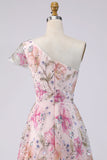 Pink Sparkly Sequined A Line One Shoulder Floral Long Wedding Guest Dress