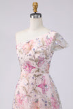 Pink Sparkly Sequined A Line One Shoulder Floral Long Wedding Guest Dress