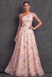 Pink Sparkly Sequined A Line One Shoulder Floral Long Wedding Guest Dress