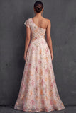 Pink Sparkly Sequined A Line One Shoulder Floral Long Wedding Guest Dress