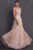 Pink Sparkly Sequined A Line One Shoulder Floral Long Wedding Guest Dress