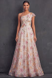 Pink Sparkly Sequined A Line One Shoulder Floral Long Wedding Guest Dress