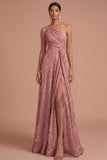 Dusty Rose A Line One Shoulder Ruched Long Formal Dress with Slit