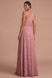 Dusty Rose A Line One Shoulder Ruched Long Formal Dress with Slit