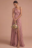 Dusty Rose A Line One Shoulder Ruched Long Formal Dress with Slit