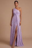Dusty Rose A Line One Shoulder Ruched Long Formal Dress with Slit