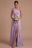 Dusty Rose A Line One Shoulder Ruched Long Formal Dress with Slit