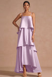 Lilac A Line Satin Spaghetti Straps Tiered Long Wedding Guest Dress