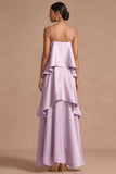 Lilac A Line Satin Spaghetti Straps Tiered Long Wedding Guest Dress
