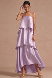 Lilac A Line Satin Spaghetti Straps Tiered Long Wedding Guest Dress