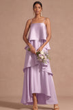 Lilac A Line Satin Spaghetti Straps Tiered Long Wedding Guest Dress