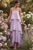 Lilac A Line Satin Spaghetti Straps Tiered Long Wedding Guest Dress
