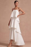 Lilac A Line Satin Spaghetti Straps Tiered Long Wedding Guest Dress