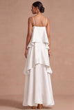 Lilac A Line Satin Spaghetti Straps Tiered Long Wedding Guest Dress