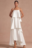 Lilac A Line Satin Spaghetti Straps Tiered Long Wedding Guest Dress