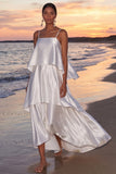Lilac A Line Satin Spaghetti Straps Tiered Long Wedding Guest Dress