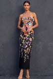 Black Floral Sheath Appliqued Strapless Midi Formal Dress