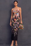 Black Floral Sheath Appliqued Strapless Midi Formal Dress