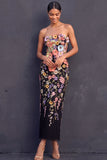 Black Floral Sheath Appliqued Strapless Midi Formal Dress