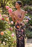 Black Floral Sheath Appliqued Strapless Midi Formal Dress