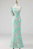 Green Floral Appliqued Sheath Ruffled Long Formal Dress
