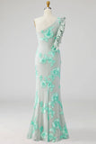 Green Floral Appliqued Sheath Ruffled Long Formal Dress