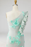 Green Floral Appliqued Sheath Ruffled Long Formal Dress