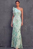 Green Floral Appliqued Sheath Ruffled Long Formal Dress