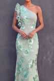 Green Floral Appliqued Sheath Ruffled Long Formal Dress