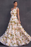 Green Floral Appliqued A Line Sparkly Sequined Long Formal Dress