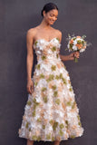 Strapless Green Floral A Line Sparkly Sequined Long Formal Dress